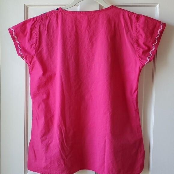 VINTAGE Hot Pink Chainstitch Embroidered Floral Clap Sleeve Shirt Large - Picture 6 of 9